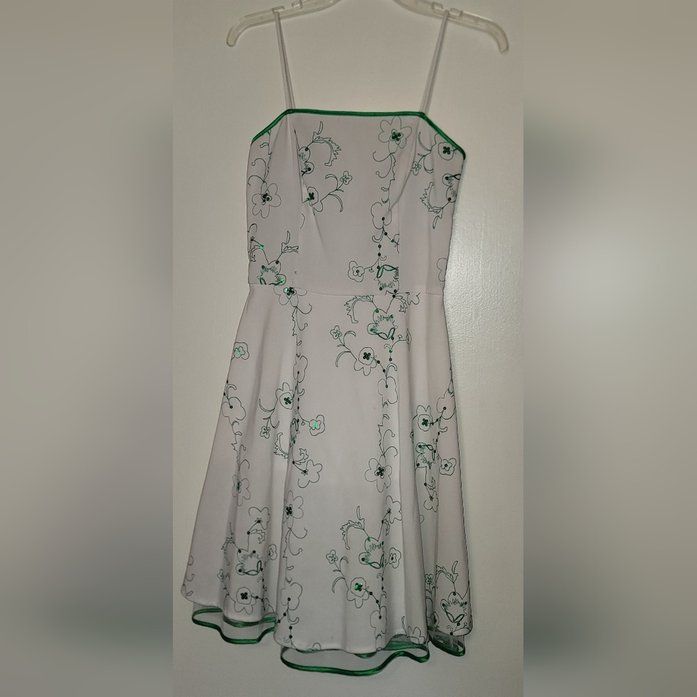 White Floral Fit-and-Flare Dress with Green Accents